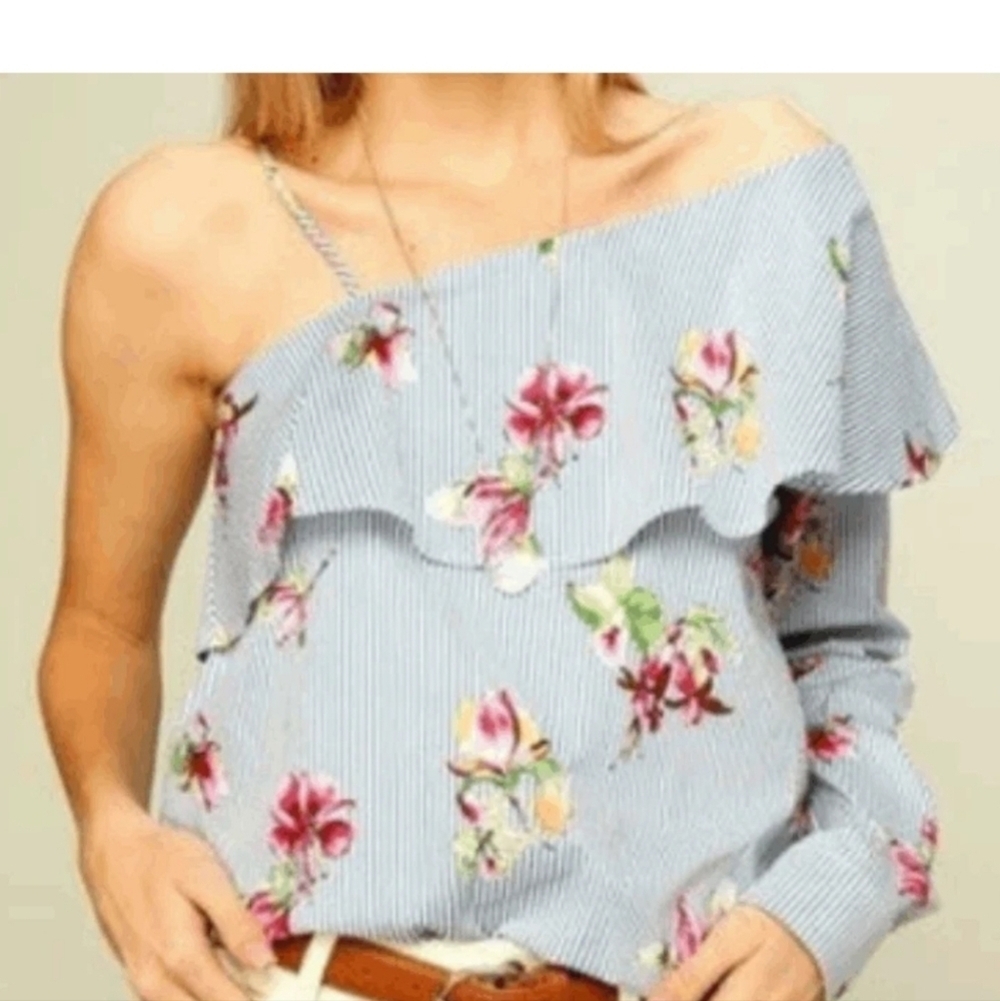 Lumiere Floral Striped One Shoulder Small Blouse NWT - Picture 10 of 12